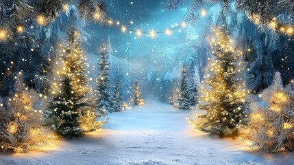 Enchanting winter wonderland scene with snow covered pine trees twinkling string lights and a glowing fairy tale like atmosphere  A festive and cozy 3D of a serene