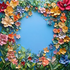 "Vibrant, brightly colored paper flowers adorn a blue backdrop." © Natty