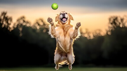 Obraz premium Energetic and playful golden retriever dog leaping into the air with outstretched paws eagerly catching a flying ball against a vibrant blue sky backdrop