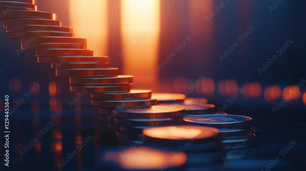 Poster a visually striking image of coins arranged in a gradient, illuminated by warm light, symbolizing we