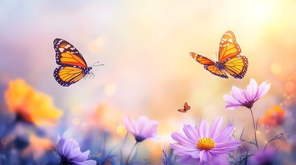 Ethereal meadow filled with blooming cosmos flowers delicate butterflies hovering amidst the vibrant petals golden sunbeams casting a warm mesmerizing glow
