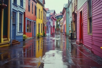 Fototapeta premium Wet Street with Colorful Buildings and Yellow Umbrella