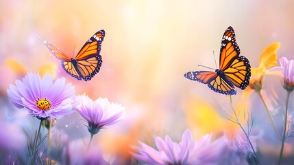Naklejka premium Ethereal meadow filled with blooming cosmos flowers delicate butterflies hovering golden sunbeams casting a warm glow soft focus macro photography with mesmerizing bokeh creating a magical