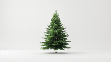 Fototapeta premium A lone, tall evergreen tree with a symmetrical shape, isolated with a smooth white backdrop, captured in HD detail.