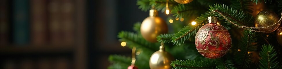 Golden garland of ornaments along fir tree trunk, decoration, fir, tree