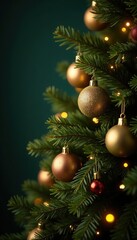 Golden garland of ornaments along fir tree trunk, decoration, garland, fir