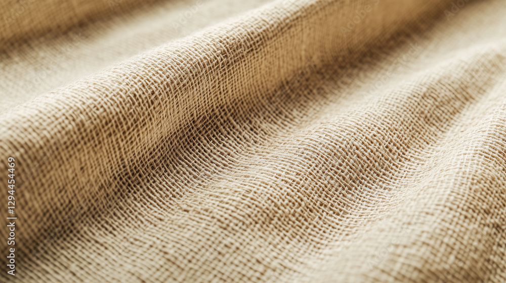 Poster textured beige fabric draped on a surface showcasing intricate weave patterns in natural light