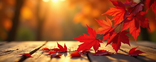 Golden light hits red maple leaves on wooden table, autumn trees, golden light, maple tree