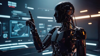 Naklejka premium Futuristic Robot with Digital Interface and Touchscreen Interaction