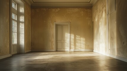 Obraz premium Empty Room with Sunlight and Textured Walls in Abandoned Space