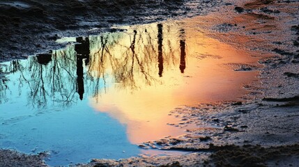 A colorful sunset reflecting on wet sand