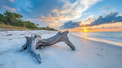 Fototapeta premium Driftwood resting on a peaceful white sand beach at sunset