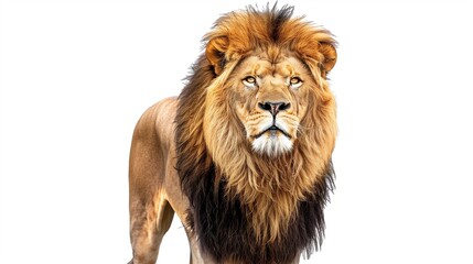 Obraz premium A majestic lion with a regal mane, standing proudly against a pure white background, captured in stunning HD clarity.