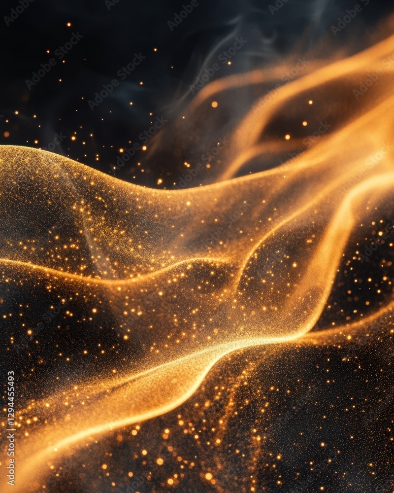 Poster abstract golden wave of glowing particles on dark background creating a dynamic and elegant visual e