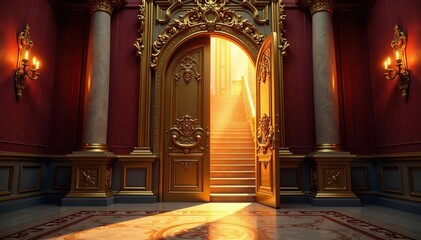 Grand hall's golden door creaks open to reveal a majestic staircase, Majestic, Elegant