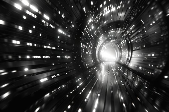 Cosmic distortions and old film patterns merge in grayscale, evoking an ethereal nostalgia