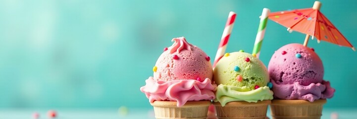Ice cream scoops with colorful straws and umbrellas, straw, ice cream