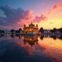 Fototapeta premium Golden temple silhouetted against sunset sky reflected in calm lake waters, reflection, lake