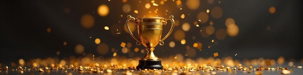 Golden trophy with golden confetti falling from top, festive, confetti