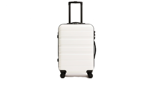 Travel essentials stylish white suitcase modern airport product photography minimalist design front view packing convenience