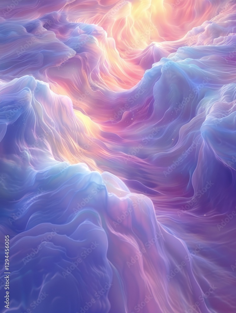 Poster a soft glow envelops flowing waves, creating a gentle undulating pattern in a pastel cosmic scene