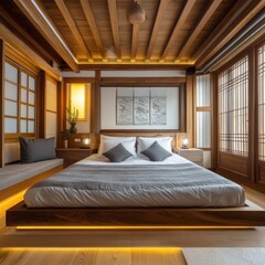 A cozy bedroom features a wooden bed with modern lighting