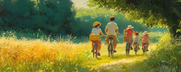 "Vibrant painting of a joyful family biking through lush, tall grass." © Natty