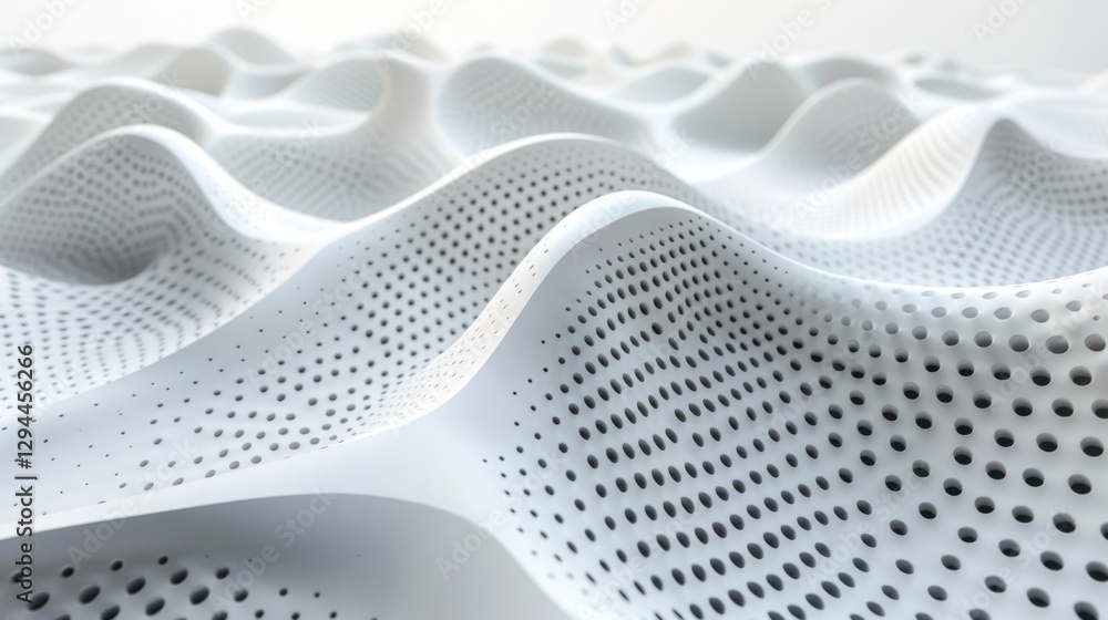 Poster soft ambient light highlights geometric waves, showcasing minimalism with smooth transitions and dot