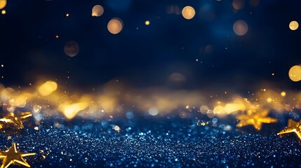 Naklejka premium Mesmerizing golden shimmering particles floating effortlessly against a deep navy blue night sky creating a luxurious and sophisticated Christmas background with a warm glowing festive atmosphere
