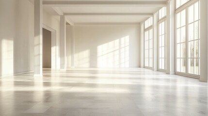 Bright and Open Minimalist Interior with Large Windows and Sunlight