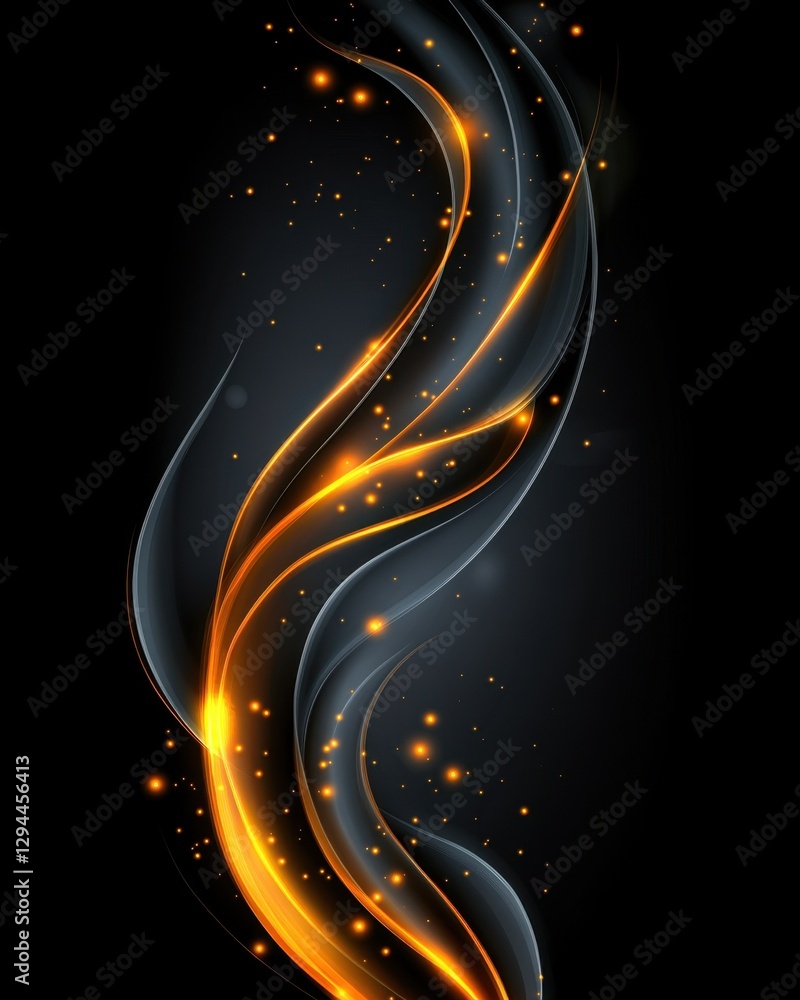 Poster abstract luminous design with flowing orange and gray waves on a dark background creating a dynamic 