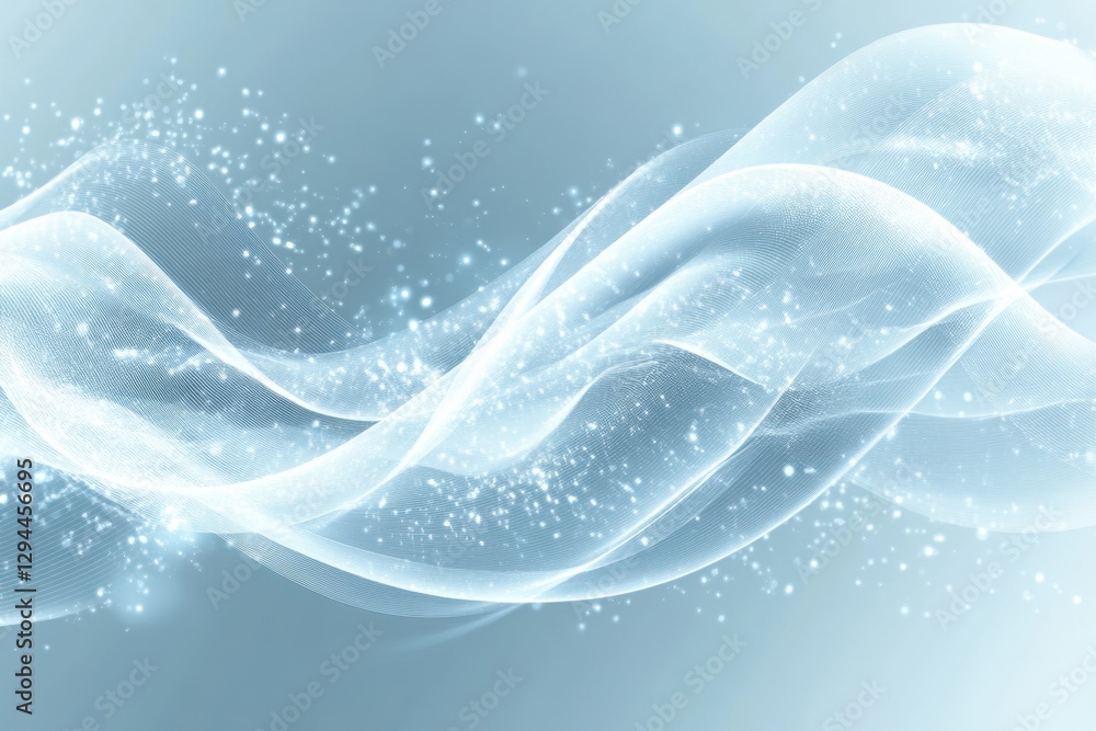 Poster ethereal light stream abstract background with sparkling particles and flowing wave design in soft b