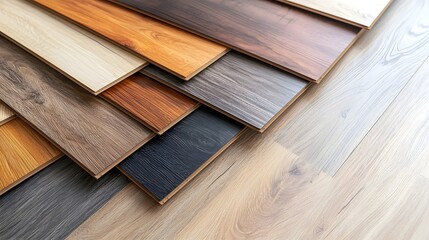 Neatly arranged collection of wood laminate floor samples in various natural tones and textures showcasing different grain patterns and surface finishes for interior design and flooring selection