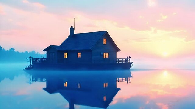 Wooden lake house, Remote, off-grid camping theme.