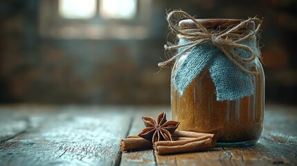 Rustic spice jar on weathered wood with cinnamon sticks and star anise, window light in background