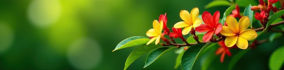 Fototapeta premium Green leaves with red and yellow Ixora flowers blooming on a branch in the garden atmosphere, bloom, leaves, flowers