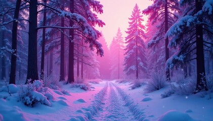 Icy forest bathed in soft pink and purple hues as ethereal lights dance above, trees, colorful, natural light