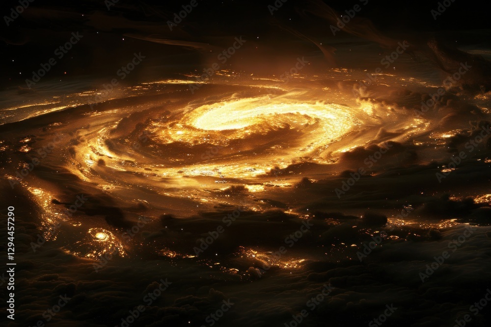 Poster a dark energy vortex swallows light, creating a mesmerizing pull in the soft, diffused glow