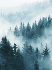 Obraz premium A dark winter pine forest shrouded in fog reveals the towering trees and a moody, serene ambiance