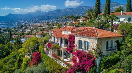 Obraz premium Charming Mediterranean villa surrounded by lush gardens and scenic views