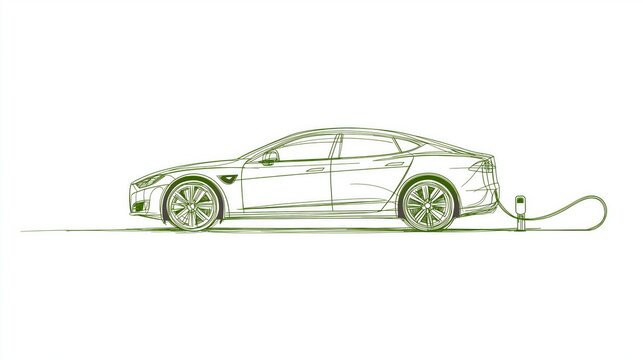 Minimalistic line art sketch of an electric car charging, symbolizing sustainable mobility, eco-friendly transport, and the future of green energy in automotive design, Gerneative AI - Powered by Adobe