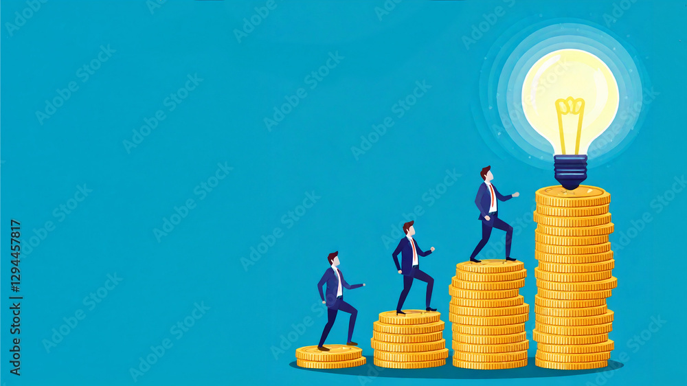 Poster three figures are on a upward path with light bulb on the top of stack coin