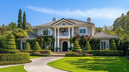 Fototapeta premium Elegant suburban mansion with lush landscaping and manicured lawn