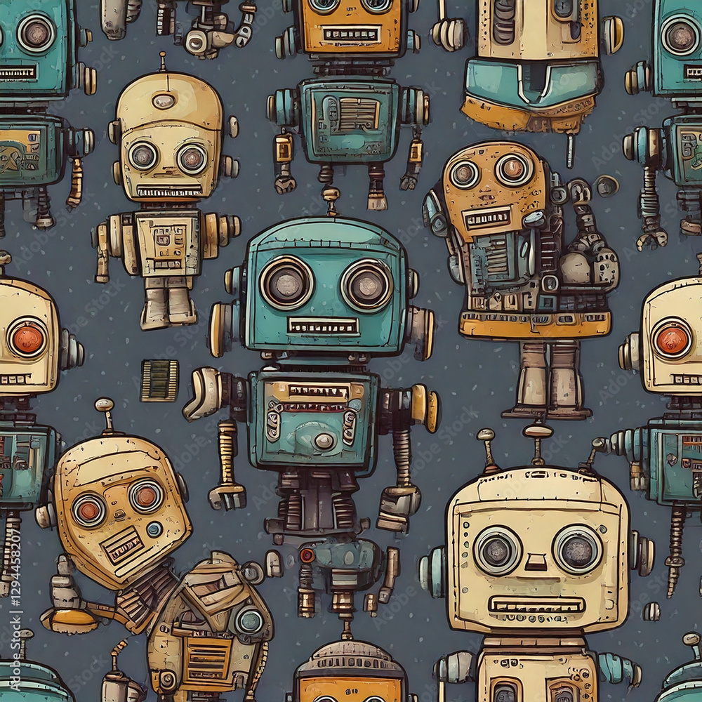 Poster a whimsical pattern of various retro robots in diverse poses and colors, set against a dark blue bac