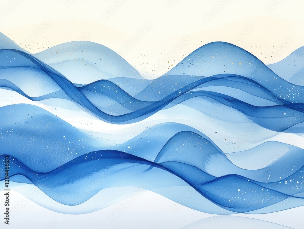 Poster serene watercolor waves in shades of blue creating a calming and artistic background with subtle gol