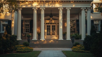 Obraz premium Elegant Historic Mansion Entrance with Columns and Garden View