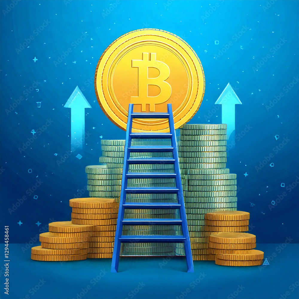 Poster a bitcoin coin on stacks of coins, next to a ladder with arrow symbols