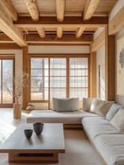 Obraz premium A comfortable living room featuring a wooden ceiling and furniture