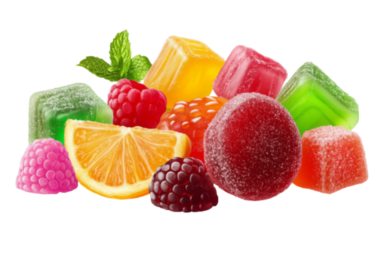 Colorful fruit gummies on transparency background png format for clear display sweet treats white space vibrant visuals