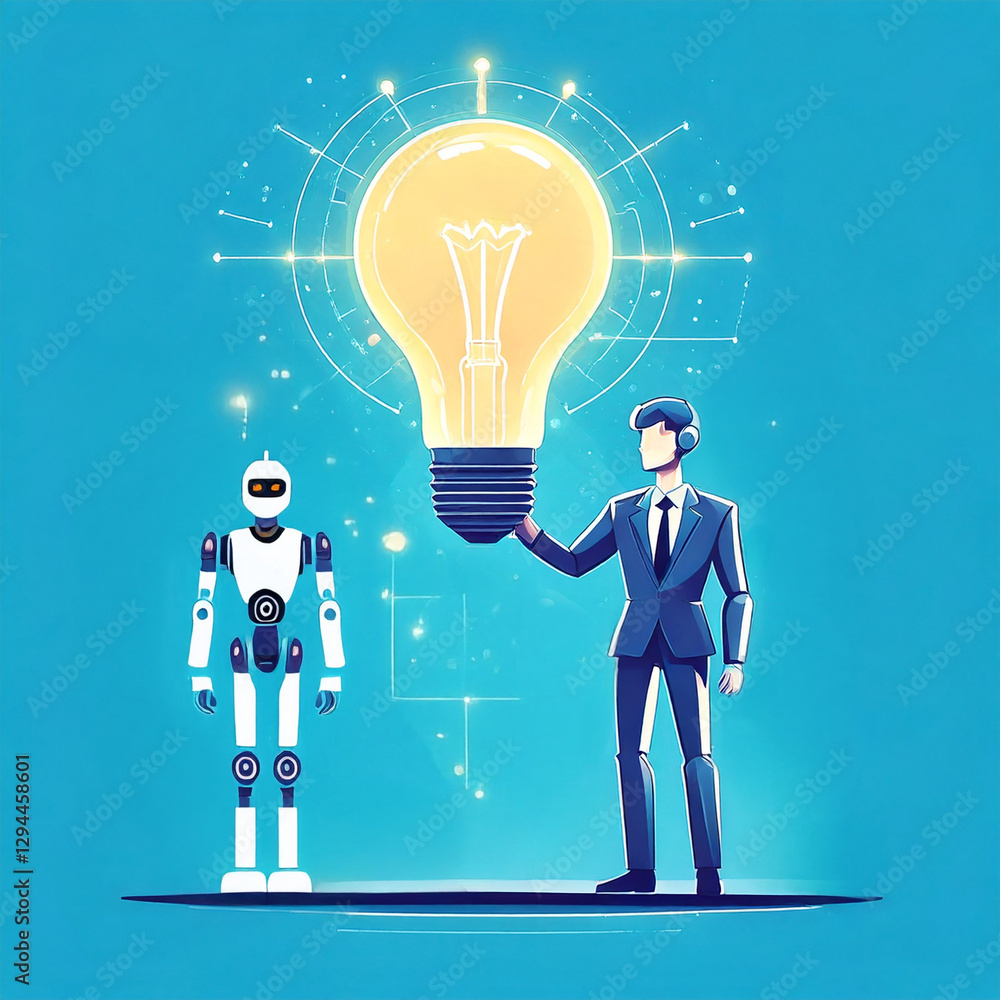 Poster a man and a robot standing next to each other with a lightbulb. symbolizing innovation and collabora